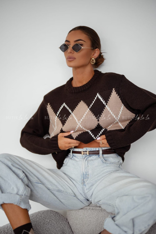 Sweter brązowy w geometryczne wzory Minodie 1