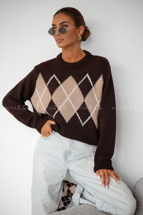 Sweter brązowy w geometryczne wzory Minodie