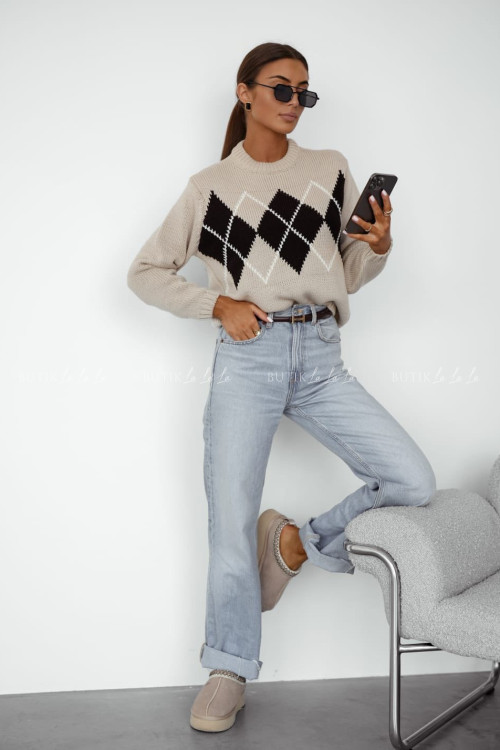 Sweter beżowy w geometryczne wzory Minodie 1