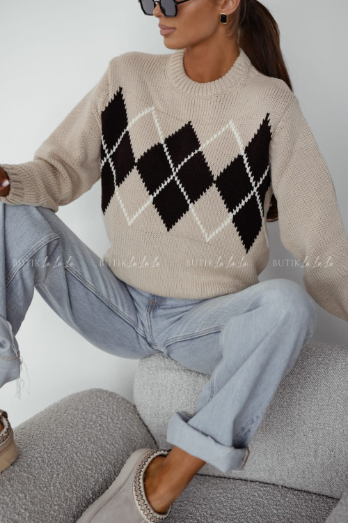 Sweter beżowy w geometryczne wzory Minodie