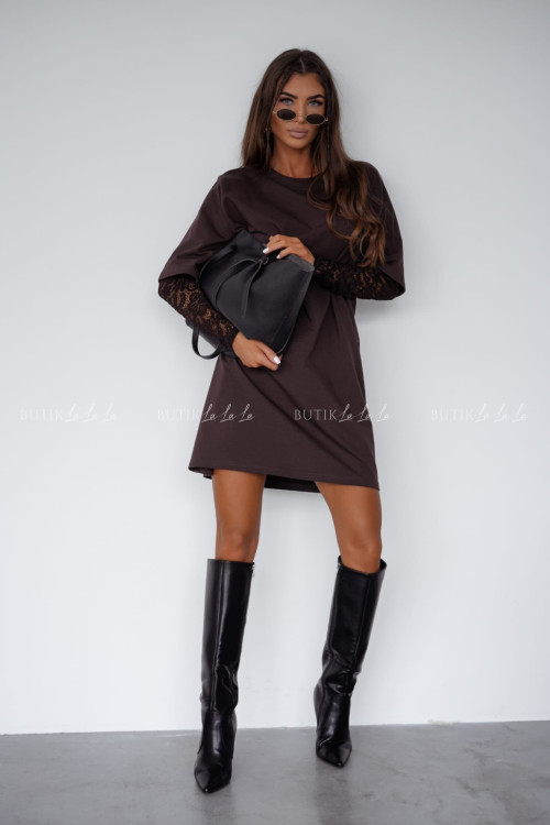 Sukienka brązowa z koronkowym rękawem Pola 1