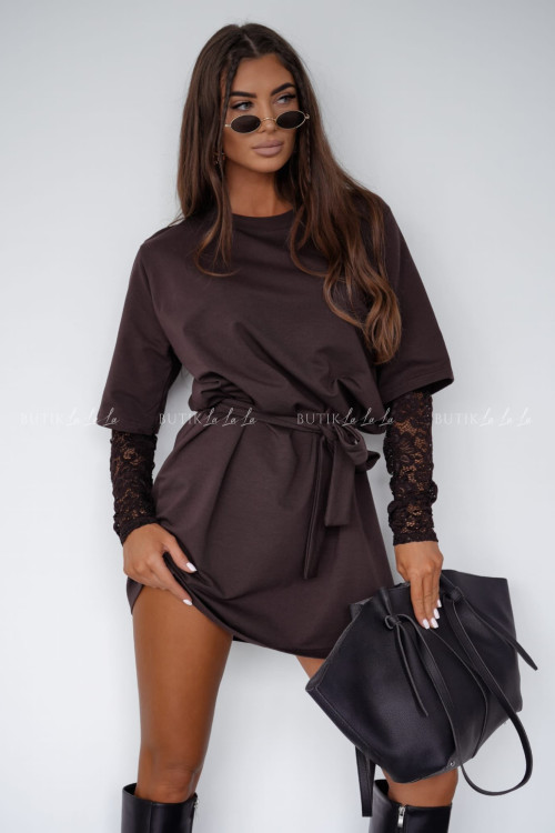 Sukienka brązowa z koronkowym rękawem Pola 2