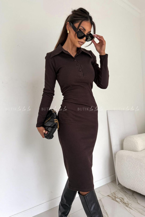 Sukienka prążkowana z kołnierzykiem brązowa Laura