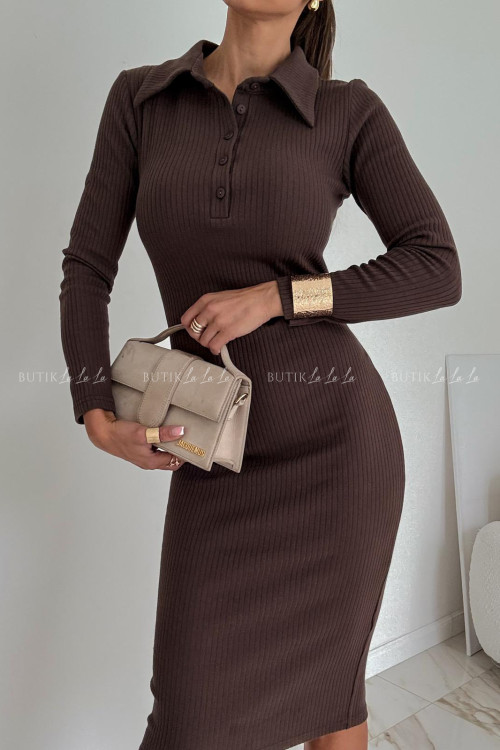 Sukienka prążkowana z kołnierzykiem brązowa Laura 1