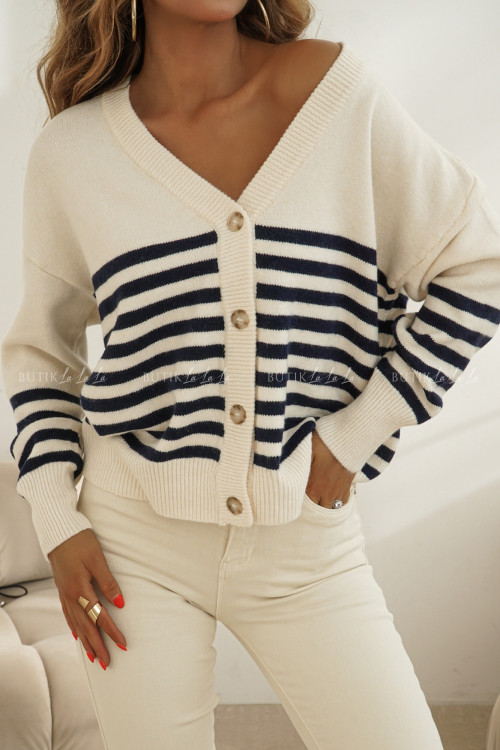 Sweter kremowy w granatowe paski Love 1