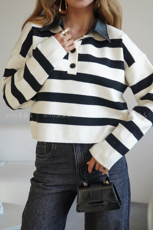 Sweter w paski z kołnierzykiem z eko skóry Kolby 2