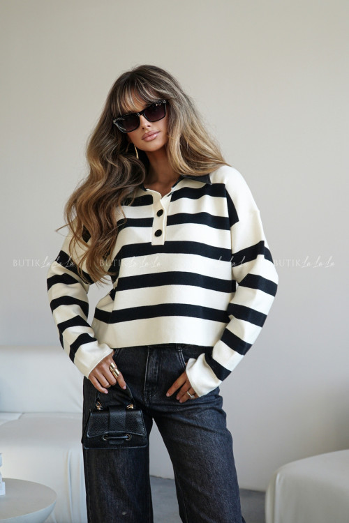Sweter w paski z kołnierzykiem z eko skóry Kolby 5