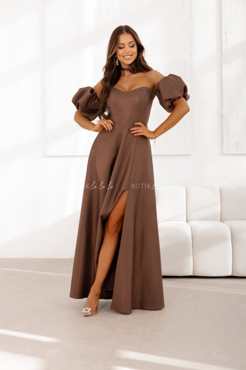 Sukienka maxi z rękawami połyskująca brązowa Bridget 4