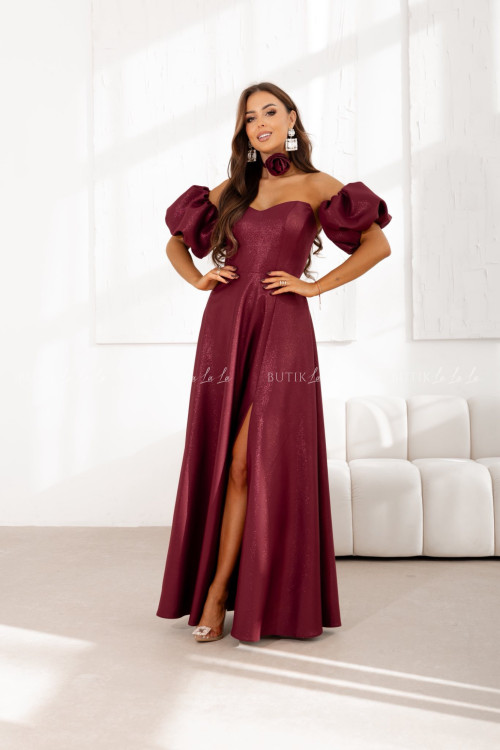 Sukienka maxi z rękawami połyskująca bordowa Bridget 1