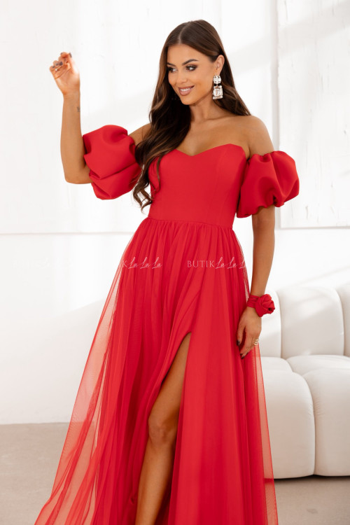 Sukienka maxi z rękawami tiulowa czerwona Bridget
