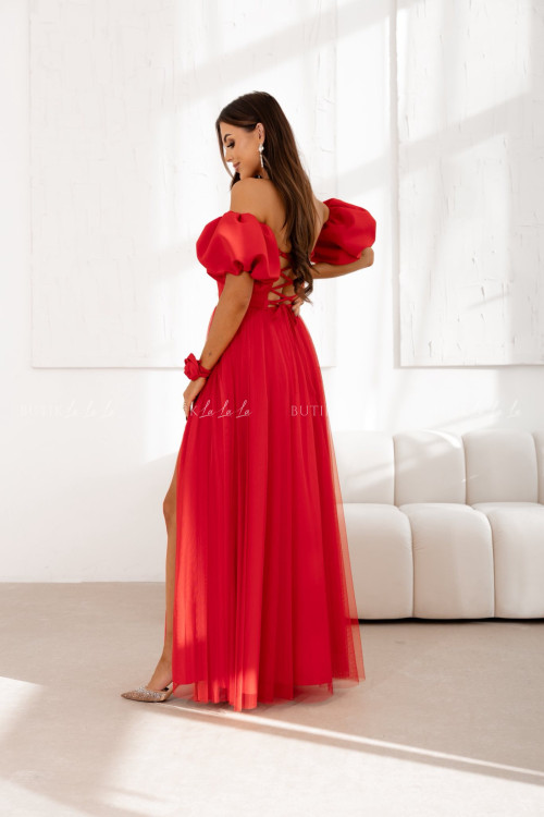 Sukienka maxi z rękawami tiulowa czerwona Bridget 1