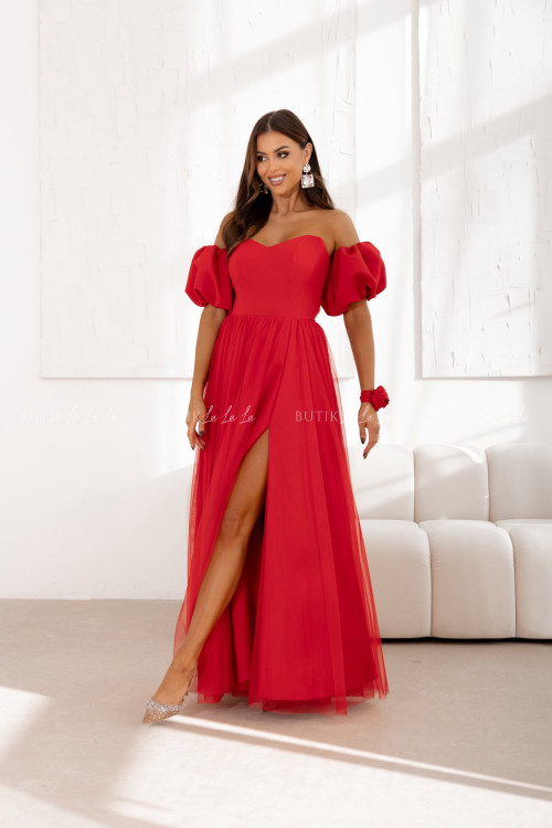 Sukienka maxi z rękawami tiulowa czerwona Bridget 3