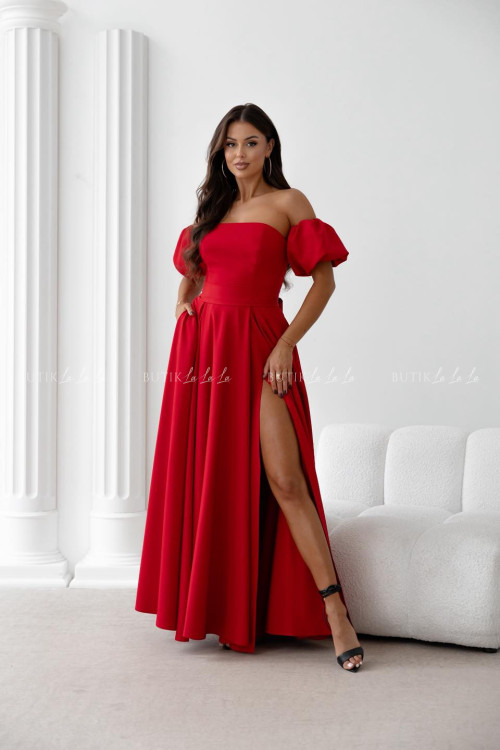 Sukienka maxi czerwona z szarfą i rękawkami Forest 1