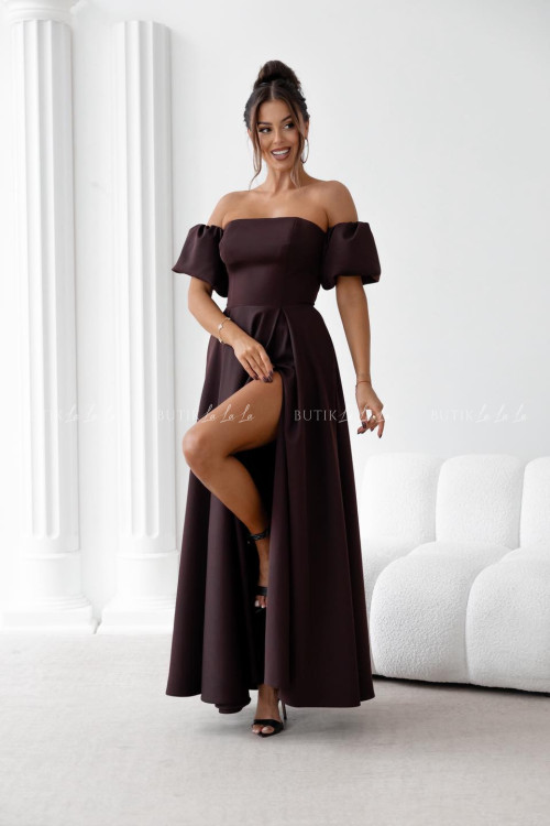 Sukienka maxi brązowa z szarfą i rękawkami Forest