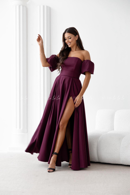 Sukienka maxi burgundowa z szarfą i rękawkami Forest