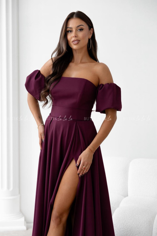 Sukienka maxi burgundowa z szarfą i rękawkami Forest 1