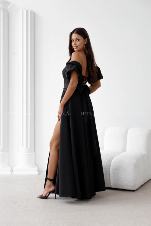 Sukienka maxi czarna z szarfą i rękawkami Forest 3