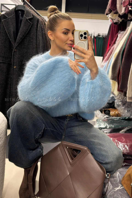 Sweter moherowy z rękawami typu baloon niebieski Cosy