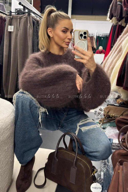 Sweter moherowy z rękawami typu baloon brązowy Cosy