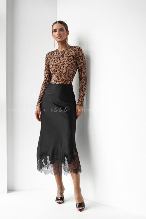 Spódnica satynowa z koronką czarna Lumie 2