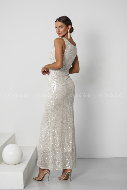Sukienka maxi cekinowa beżowo srebrna Lanna 2