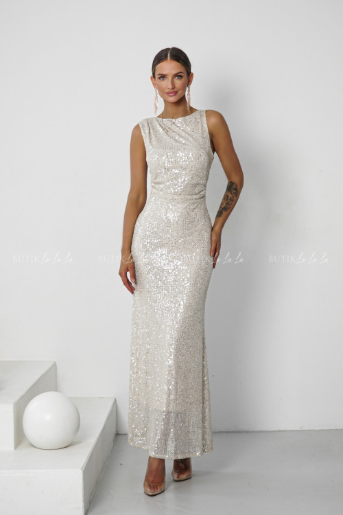Sukienka maxi cekinowa beżowo srebrna Lanna 3
