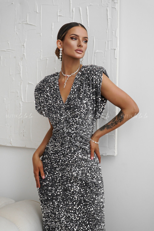 Sukienka maxi cekinowa szaro srebrna Mufia 3
