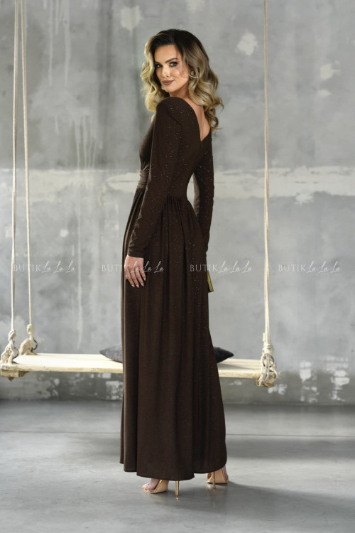 Sukienka maxi na długi rękaw brokatowa brązowa Melody 1