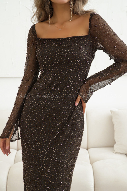 Sukienka maxi brązowa z koralikami Britnie