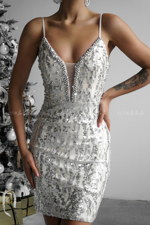 Sukienka mini cekinowa beżowo srebrna Kristin