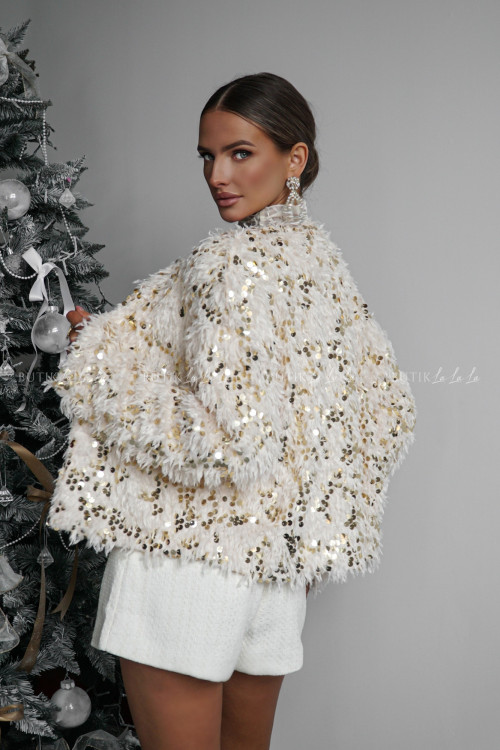 Żakiet cekinowy z piórkami kremowy Petti 1