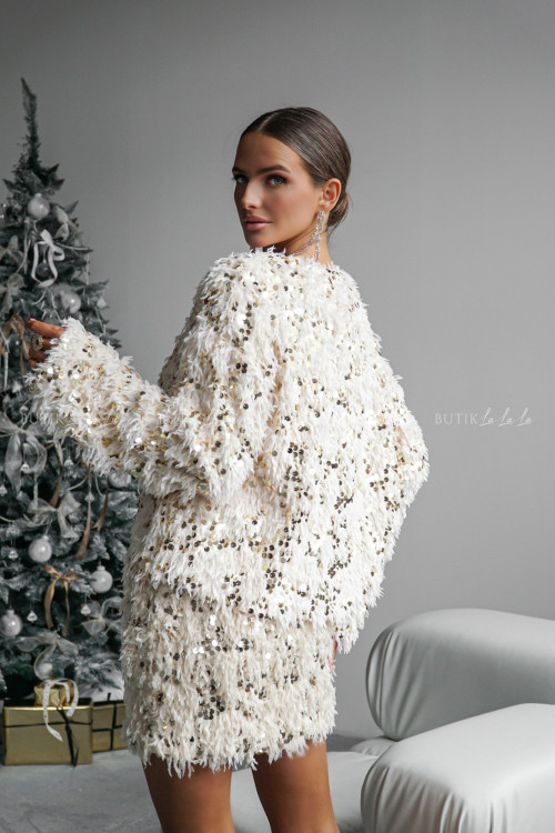 Żakiet cekinowy z piórkami kremowy Petti 5