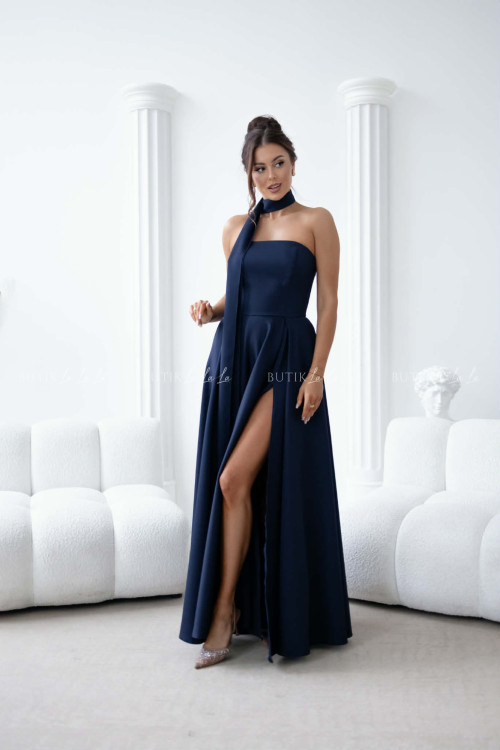 Sukienka maxi granatowa z szarfą i rękawkami Forest 2