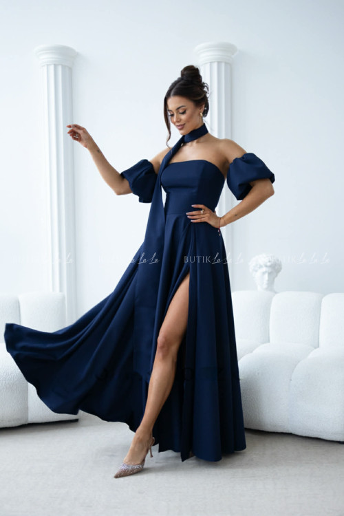 Sukienka maxi granatowa z szarfą i rękawkami Forest 3